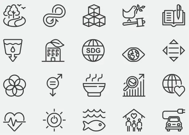 Vector illustration of SDGs 17 goals, Sustainable Development Goals, Ecology, Globe, Save The Planet, Environmental protection, Growing clean eco planet Earth fund , Developed in cooperation with UN system. Line Icons