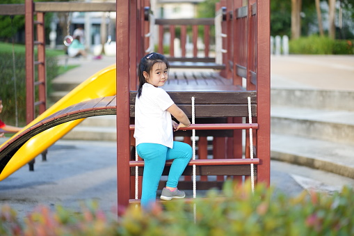 Cute girl having fun climbing on outdoor playground equipment, Fun and healthy physical outdoor activities for kid