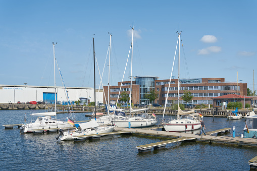 Ardrossan, United Kingdom – August 11, 2023: A stunning aerial view of Ardrossan marina, showing a vast array of colorful boats in Scotland