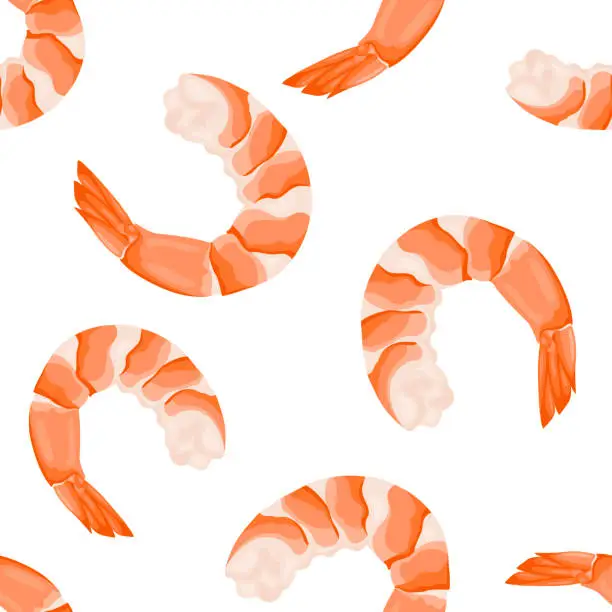 Vector illustration of Shrimp seamless pattern. Seafood background. Cooked prawn vector cartoon illustration.