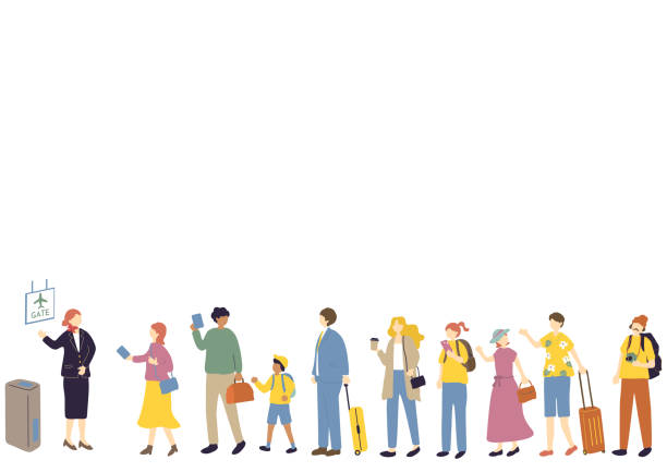 공항에서 대기하는 사람들 - people in a row illustrations stock illustrations