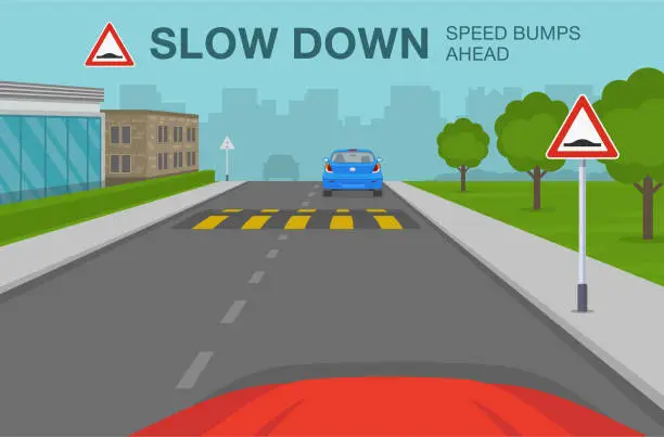 Vector illustration of Safety car driving rule. Car is reaching the speed bump on the road. Slow down speed bumps ahead warning sign meaning.