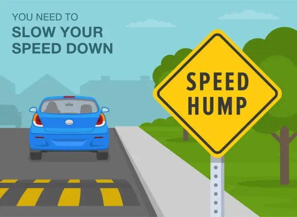 Vector illustration of Safety car driving rules. Speed bump on the city road. You need to slow your speed  down, speed hump ahead warning sign meaning.
