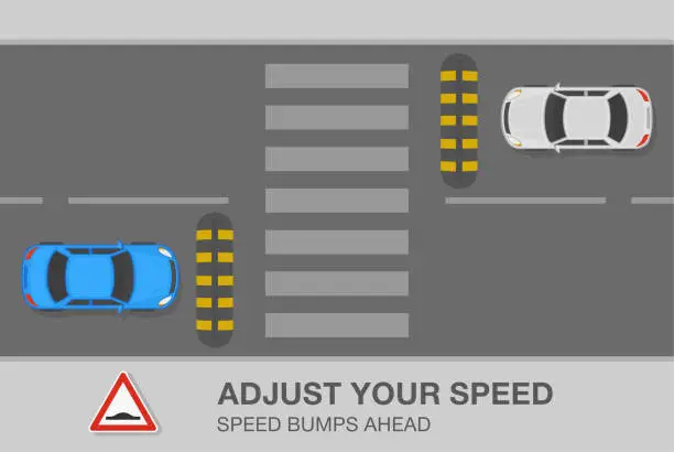 Vector illustration of Safety car driving and traffic rules. Top view of speed bumps on a city road and warning road sign. Adjust your speed.