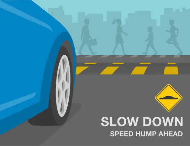 Vector illustration of Safety car driving rules. Speed bump on the city road. Slow down, speed hump ahead warning sign meaning. Perspective close-up view of vehicle front tires.