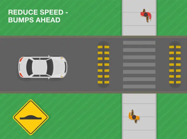 Vector illustration of Safe driving tips and traffic regulation rules. Reduce your speed, bumps ahead. Road sign meaning. Top view of a city road.