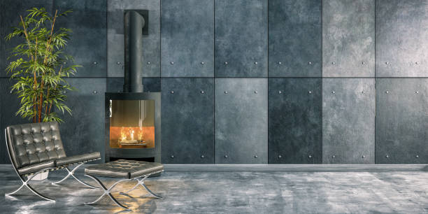 istock Modern Chair at a Fireplace With Wall Paneling & Grounge Concret Floor - Copy Space Background 1620080250