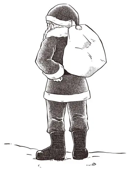 Vector illustration of Santa Claus back view , monochrome line drawing, hand-drawn crosshatching