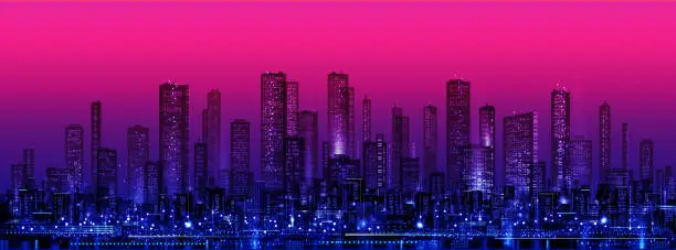 Vector illustration of Futuristic night city. Cityscape on a dark background with bright and glowing neon purple and blue lights. Wide highway front view. Cyberpunk and retro wave style illustration.