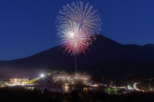 This is a fireworks of Lake Shirakaba Summer Festival 2023 in Nagano prefecture, Japan.\nLake Shirakaba is located in Tateshina highland and well known as a tourist destination in this prefecture.