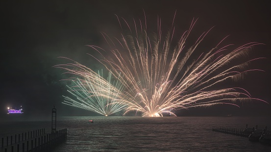 This is a fireworks of Kojiri Ryujin Festival at Lake Ashino 2023 in Kanagawa prefecture, Japan.\nLake Ashino is located in Hakone area, and well known as a tourist destination in Japan.