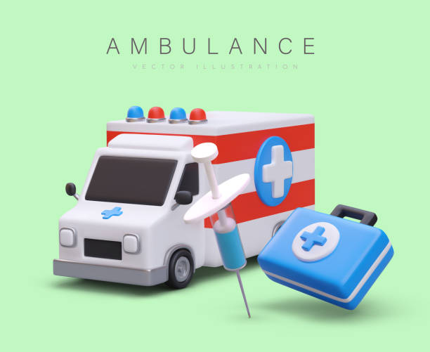 istock Colorful web poster with 3d ambulance and kit for medical help. Ambulance items, medical service 1620113233