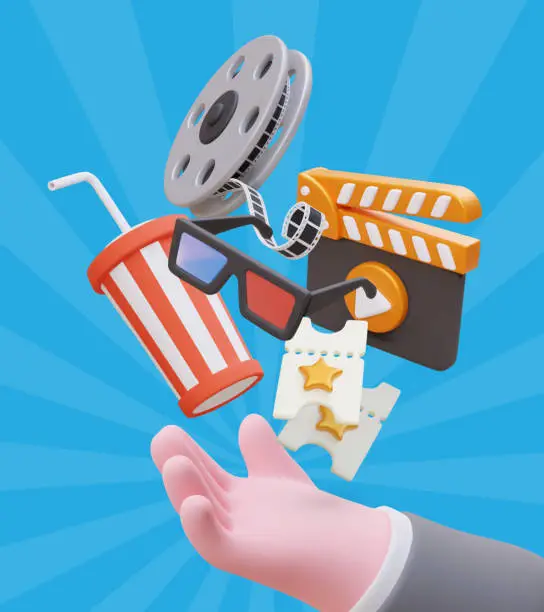 Vector illustration of Cute offer to watch movie. Realistic hand, cinema theme objects