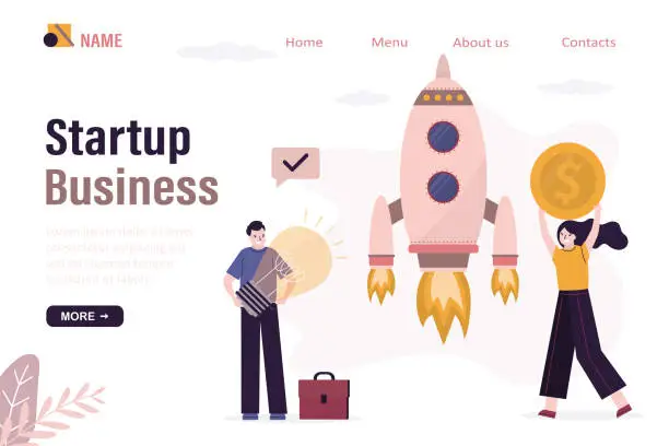 Vector illustration of Co-founders rejoice at successful launch of business startup, landing page template. Businessman holding light bulb, investor with money, rocket takes off. Innovative idea