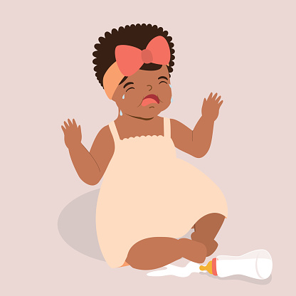 One Little Black Baby Girl Crying Over The Spilled Milk On The Floor. Isolated On Color Background.
