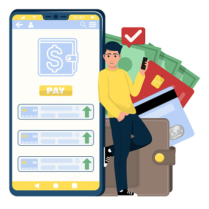 Vector design of man making Payment through electronic wallet with his mobile.