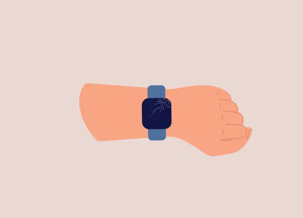 Vector illustration of Male’s Hand Wearing A Smart Watch With A Broken Screen.