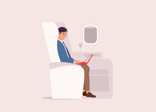 Businessman With Laptop Flying With Business Class Airplane. Side View Of One Smiling Businessman Working On Laptop While Flying With Business Class Airplane. Isolated On Color Background. airplane seat stock illustrations
