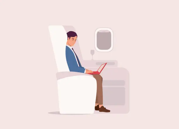Vector illustration of Businessman With Laptop Flying With Business Class Airplane.