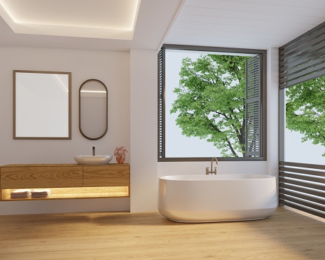 Minimalist 3d render bathroom with beige wooden floors and a bathtub with a porthole. with anti-fall steel plate the view overlooks the big tree.