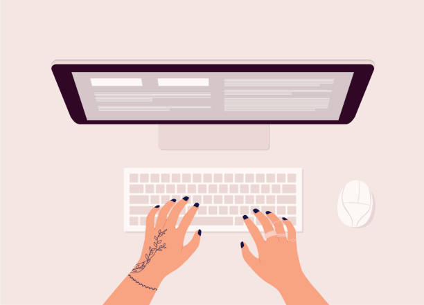 Female’s Hand With Tattoo Typing On Computer Keyboard. Top View Of Female’s Hand With Tattoo Typing On Computer Keyboard In Front Of Desktop Monitor. Isolated On Color Background. typing on computer keyboard stock illustrations