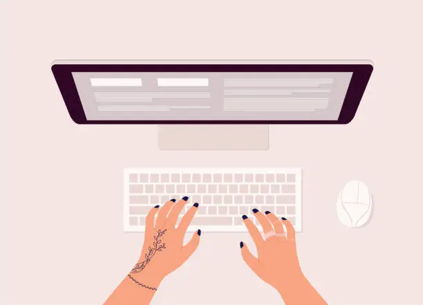 Vector illustration of Female’s Hand With Tattoo Typing On Computer Keyboard.