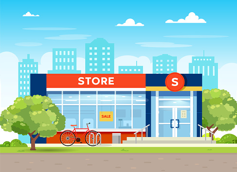 The building of the store and supermarket and interior. Flat vector illustration.