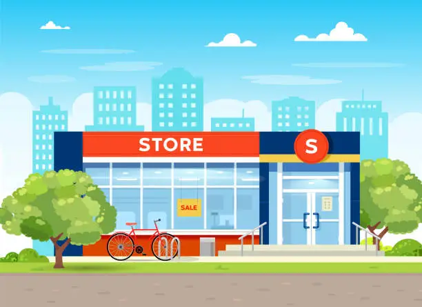 Vector illustration of The building of the store and supermarket and interior. Flat vector illustration.