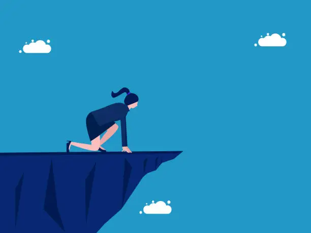 Vector illustration of Courage. Committed businesswoman on cliff