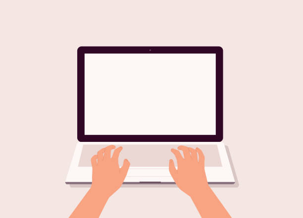 Person’s Hand Typing On Laptop Keyboard. A Person’s Hand Typing On Laptop Keyboard With Blank Screen. Isolated On Color Background. Isolated On Color Background. typing on computer keyboard stock illustrations