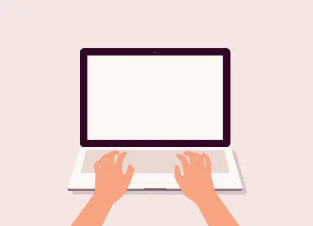 Vector illustration of Person’s Hand Typing On Laptop Keyboard.