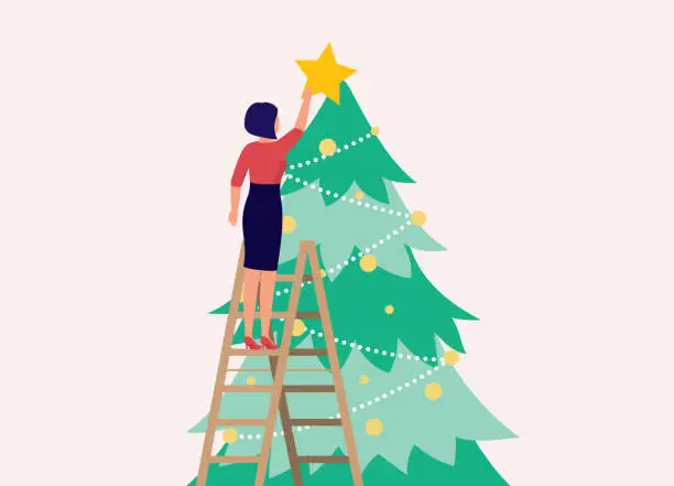 Vector illustration of Woman Climbing Up A Ladder Putting Star On A Tall Christmas Tree.