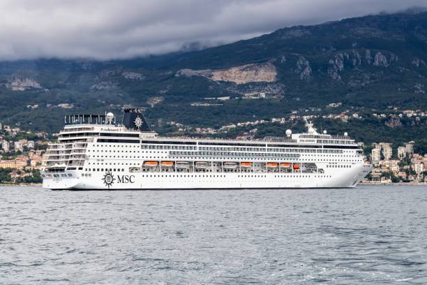 msc armonia segelt in der bucht von kotor - editorial sea white ship stock-fotos und bilder