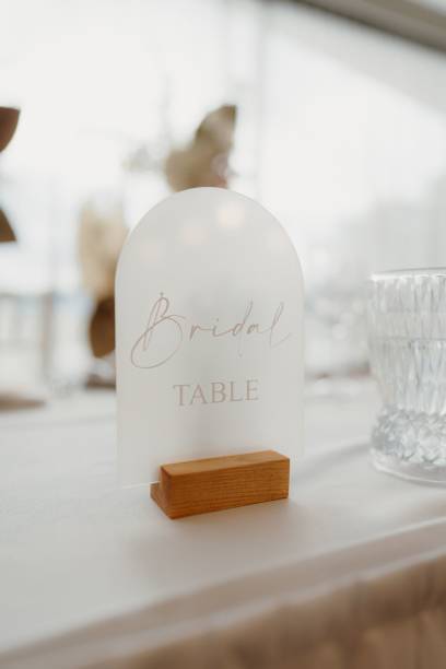 istock Wooden bridal table sign on the table 1620195349