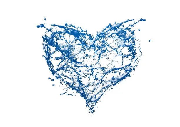 3d illustration of abstract blue water splashing in heart shape in love concept