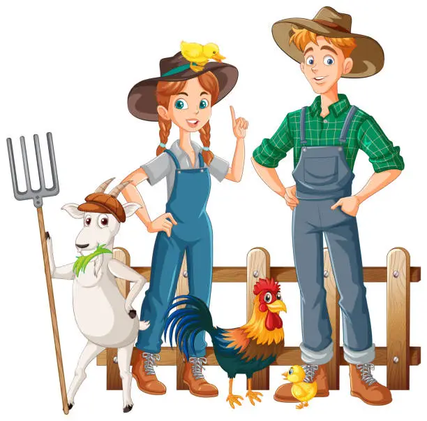 Vector illustration of Farming couple cartoon with farm animal