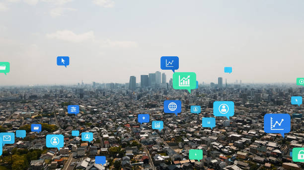 istock Modern cityscape panorama and app notice concept. Social media. Communication network. 1620239077
