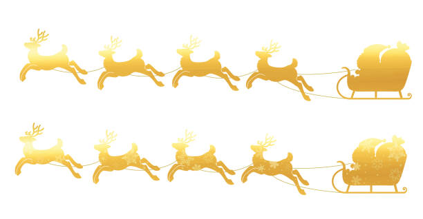 istock Santa Claus and reindeer carrying gold presents on a sleigh. 1620239646