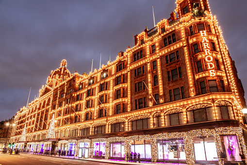 Famous shop in London Harrods Christmas lights Christmas Day decorations London England Europe