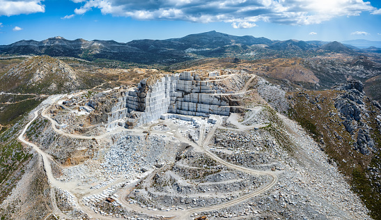 Panoramic aerial view of the marble mines of Naxos island, Cyclades, Greece