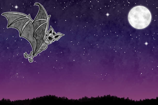ilustraciones, imágenes clip art, dibujos animados e iconos de stock de ilustración de un murciélago de dibujos animados en el cielo nocturno con espacio de copia y estrellas - bat moon outdoors nature