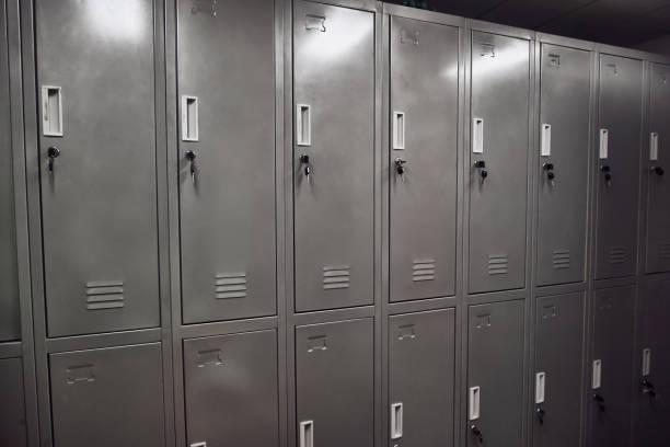 istock Offshore workers changing room. Industrial type changing room lockers. 1620300858