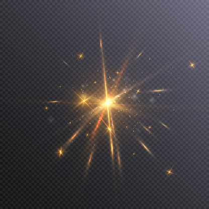 transparent glow effect. The star exploded into sparks. Golden glitter, vector on transparent background.