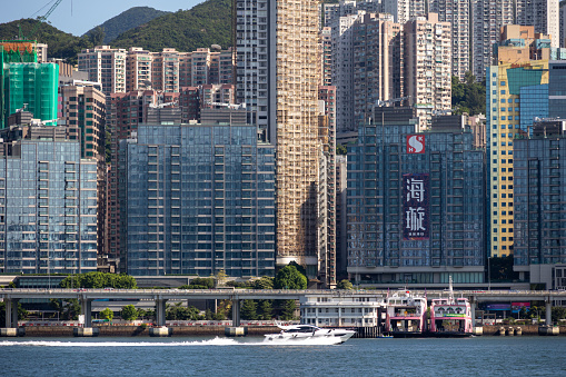 Hong Kong cityscape on Victoria Harbor, viewed from Kowloon peninsula.