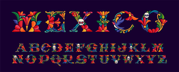 ilustraciones, imágenes clip art, dibujos animados e iconos de stock de alfabeto con colorido mexicano y ornamentado patrón étnico. adorno tradicional de bordado de hojas y flores aztecas. - ilustraciones de azteca logo