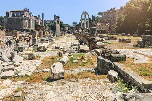 View of the Roman Forum from the Basilica Julia on a hot summer day