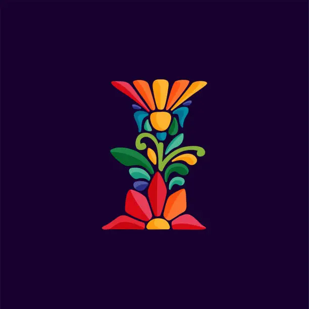 Vector illustration of Letter I logo with Mexican colorful and ornate ethnic pattern. Traditional Aztec leaves and flowers embroidery ornament.