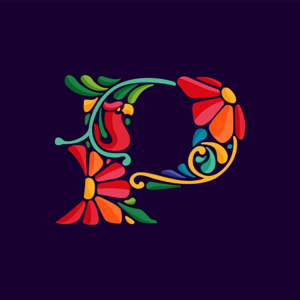 ilustraciones, imágenes clip art, dibujos animados e iconos de stock de logotipo de la letra p con colorido mexicano y ornamentado patrón étnico. adorno tradicional de bordado de hojas y flores aztecas. - letter p floral pattern flower typescript