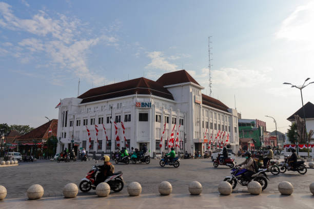 BNI Bank building, located near the zero kilometer point, was formerly the office of the Nederlandsch-Indische Levensverzekeringen en Lijfrente Maatschappij. Yogyakarta, Indonesia - 2 August 2023 stock photo