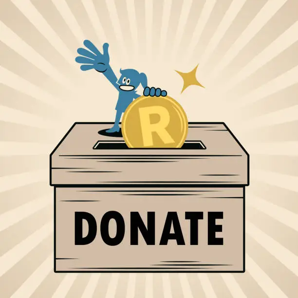 Vector illustration of A smiling woman putting money into a big donation box